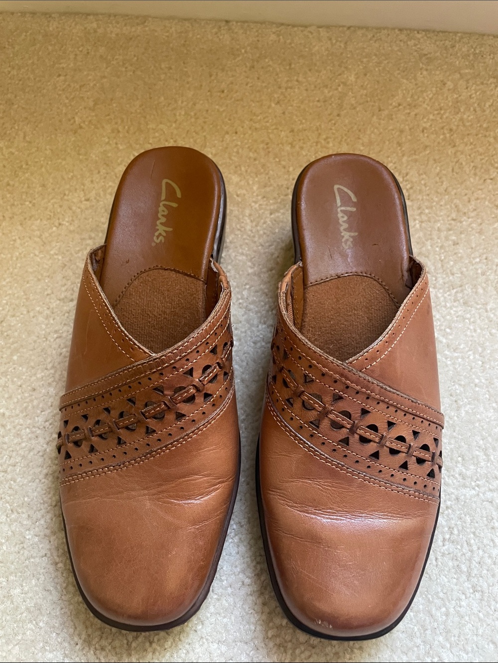 Clarks Brown Leather Slip-On Clogs with Cutout Detail